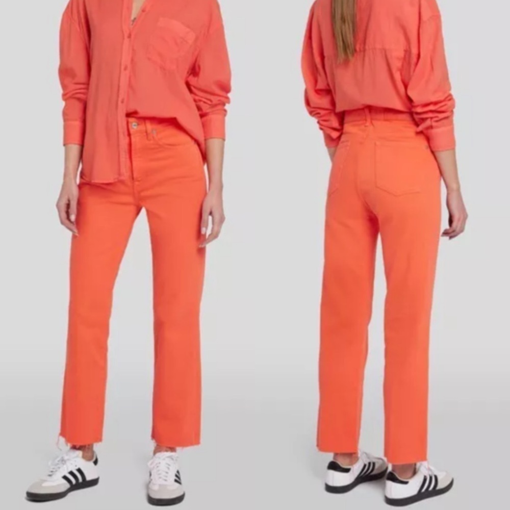 NWT 7 For All Mankind Logan Stovepipe Raw Hem High Rise Jeans in Grapefruit